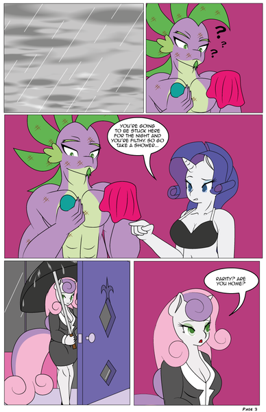 Size: 792x1224 | Tagged: suggestive, artist:dekomaru, derpibooru import, edit, rarity, spike, sweetie belle, anthro, dragon, comic:one scale of a night, bare chest, bra, breasts, busty sweetie belle, clothes, comic, explicit source, female, gem, male, older, older spike, shipping, sparity, straight, text, text edit, underwear