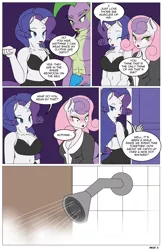 Size: 792x1224 | Tagged: suggestive, artist:dekomaru, derpibooru import, rarity, spike, sweetie belle, anthro, dragon, comic:one scale of a night, beefspike, belly button, breasts, busty sweetie belle, clothes, comic, explicit source, female, gem, male, midriff, nudity, shipping, shower, sparity, straight