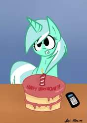 Size: 599x849 | Tagged: safe, artist:alexsalinasiii, derpibooru import, lyra heartstrings, pony, unicorn, birthday cake, blue background, cake, candle, food, gradient background, grin, happy birthday, mobile phone, phone, simple background, smiling, solo, table