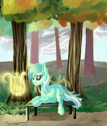 Size: 1700x2000 | Tagged: safe, artist:brony-girl, derpibooru import, lyra heartstrings, pony, unicorn, bench, fluffy, levitation, lyre, magic, park, prone, smiling, solo, telekinesis, tree