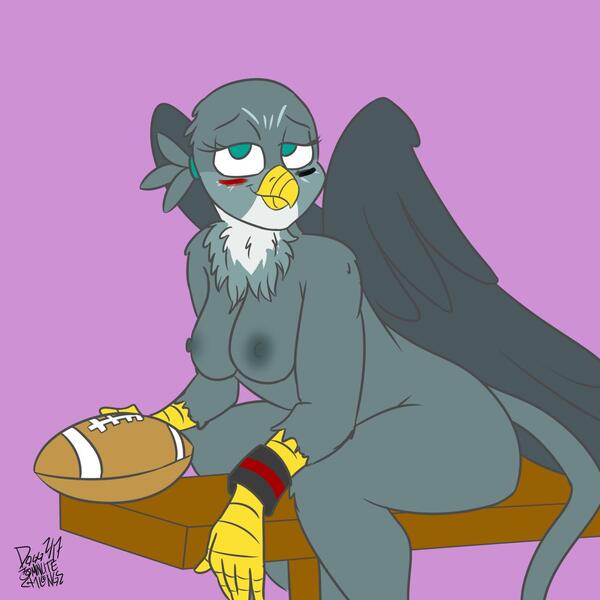 Size: 1280x1280 | Tagged: questionable, artist:dogg, deleted from derpibooru, derpibooru import, gabby, anthro, gryphon, 30 minute art challenge, american football, atlanta falcons, bedroom eyes, big breasts, breasts, chest fluff, estrus, eyes rolling back, female, horny, looking at you, nfl, nipples, nudity, smiling, solo, solo female, super bowl, super bowl li