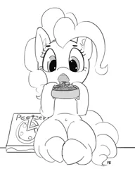 Size: 1280x1668 | Tagged: safe, artist:pabbley, derpibooru import, pinkie pie, pony, belly button, cadance's pizza delivery, eating, food, grayscale, monochrome, open mouth, peetzer, pizza, pizza box, simple background, sitting, solo, white background