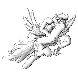 Size: 1000x1000 | Tagged: safe, artist:blue-paint-sea, derpibooru import, rainbow dash, pony, armpits, flexing, flying, looking at you, monochrome, signature, simple background, sketch, smiling, solo, white background