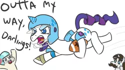 Size: 1026x577 | Tagged: safe, artist:jargon scott, derpibooru import, coco pommel, hondo flanks, rarity, earth pony, pony, unicorn, actually pretty funny, american football, crying, darling, father and daughter, female, football helmet, helmet, liquid pride, male, mare, simple background, stallion, war face, white background