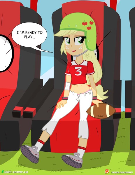 Size: 1500x1942 | Tagged: suggestive, artist:dieart77, derpibooru import, applejack, equestria girls, american football, belly button, chair, clothes, dialogue, female, freckles, helmet, jai alai, midriff, needs more jpeg, panties, shoes, sitting, socks, solo, solo female, speech bubble, super bowl, underwear, unzipped