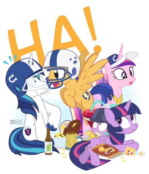 Size: 1075x1250 | Tagged: safe, artist:dm29, derpibooru import, flash sentry, princess cadance, shining armor, spike, twilight sparkle, twilight sparkle (alicorn), alicorn, dragon, pony, american football, chips, cider, cute, diasentres, drinking hat, flashlight, food, football helmet, gloating, hat, helmet, julian yeo is trying to murder us, male, nachos, shipping, simple background, straight, stunned, super bowl, transparent background