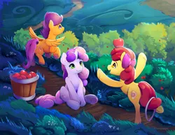 Size: 2200x1700 | Tagged: safe, artist:viwrastupr, derpibooru import, apple bloom, scootaloo, sweetie belle, earth pony, pegasus, pony, unicorn, apple, balancing, basket, bow, bucket, cute, cutie mark, cutie mark crusaders, female, filly, food, fruit, hair bow, hoop, loop-de-hoop, path, sitting, smiling, spread wings, the cmc's cutie marks, trio, underhoof