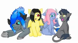 Size: 2260x1263 | Tagged: safe, artist:jolliapplegirl, derpibooru import, oc, oc:acheron, oc:diopside, oc:marigold, oc:sea holly, unofficial characters only, bat pony, hybrid, pegasus, pony, unicorn, adopted offspring, family, foal, interspecies offspring, magical gay spawn, next generation, offspring, parent:fluttershy, parent:iron will, parent:king sombra, parent:lord tirek, parents:canon x oc, parents:ironshy, parents:sombrashy, parents:sombrawill