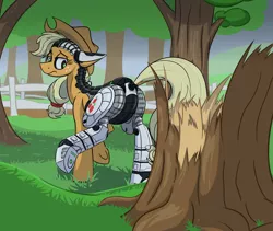 Size: 3100x2611 | Tagged: safe, artist:raeligath, derpibooru import, applejack, cyborg, pony, amputee, appleborg, applebucking, augmented, bucky mcgillicutty, dock, fence, i never asked for this, kicks mcgee, machine, prosthetic limb, prosthetics, sad, scenery, solo, strong, stronk, tree, tree stump, underhoof