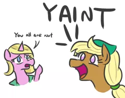 Size: 550x429 | Tagged: safe, artist:jargon scott, derpibooru import, oc, oc:limit state, oc:tater trot, unofficial characters only, earth pony, pony, unicorn, boi, bust, dialogue, grammar, grammar error, meme, open mouth, simple background, slang, smiling, white background, yaint