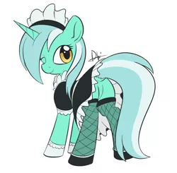 Size: 1024x1002 | Tagged: suggestive, artist:dusthiel, derpibooru import, lyra heartstrings, pony, clothes, dock, dress, featureless crotch, fishnets, maid, misleading thumbnail, one eye closed, plot, simple background, skirt, solo, tail upskirt, upskirt, white background, wink