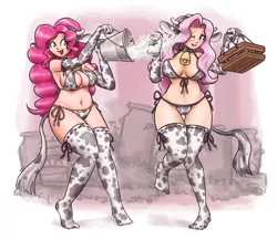 Size: 1600x1388 | Tagged: adorasexy, artist:king-kakapo, basket, bell, bell collar, belly button, big breasts, bikini, blushing, breasts, bucket, busty fluttershy, busty pinkie pie, clothes, collar, cowbell, cow girl, cowkini, cowprint, cow swimsuit, cow tail, cute, derpibooru import, duo, duo female, evening gloves, fake ears, fake horns, feet, female, females only, fluttercow, fluttermilk, fluttershy, gloves, headband, human, humanized, light skin, long gloves, milk, milk bottle, one eye closed, pincow pie, pinkie pie, sexy, side knot underwear, smiling, socks, spindles' birthday, splash, stockings, string bikini, suggestive, swimsuit, thigh highs, underwear