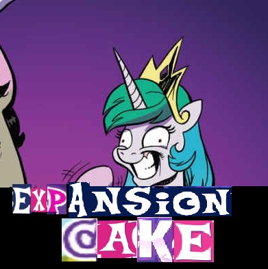 Size: 391x393 | Tagged: safe, artist:andypriceart, derpibooru import, edit, editor:watermelon changeling, idw, accord, discord, princess celestia, alicorn, pony, chaos theory (arc), spoiler:comic, spoiler:comic50, accord (arc), boop, cake, cakelestia, conclusion: and chaos into the order came, expand dong, exploitable meme, food, gradient background, grin, insanity, meme, shrunken pupils, smiling, stepford smiler, wide eyes