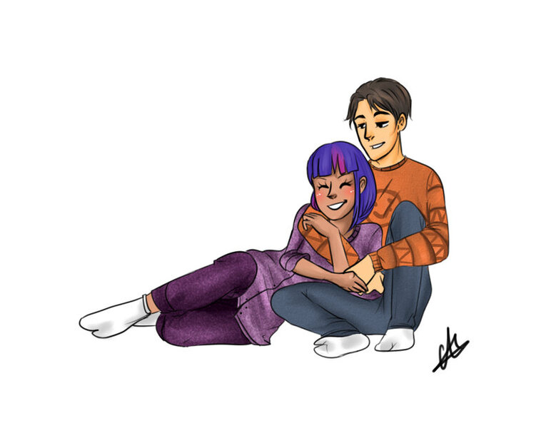 Size: 800x622 | Tagged: artist:celesterui, blushing, clothes, commission, couple, crossover, crossover shipping, cuddling, derpibooru import, happy, holding hands, human, humanized, male, peter parker, safe, shipping, simple background, snuggling, socks, spider-man, spiders and magic: rise of spider-mane, spidertwi, straight, twilight sparkle