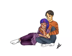 Size: 800x622 | Tagged: artist:celesterui, blushing, clothes, commission, couple, crossover, crossover shipping, cuddling, derpibooru import, happy, holding hands, human, humanized, male, peter parker, safe, shipping, simple background, snuggling, socks, spider-man, spiders and magic: rise of spider-mane, spidertwi, straight, twilight sparkle