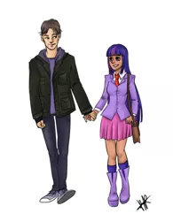 Size: 600x771 | Tagged: artist:celesterui, boots, clothes, commission, couple, crossover, crossover shipping, derpibooru import, high heel boots, holding hands, human, humanized, jacket, male, peter parker, safe, shipping, shoes, simple background, skirt, sneakers, spider-man, spiders and magic: rise of spider-mane, spidertwi, straight, twilight sparkle