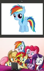 Size: 402x640 | Tagged: safe, derpibooru import, applejack, fluttershy, pinkie pie, rainbow dash, rarity, sunset shimmer, twilight sparkle, earth pony, pegasus, pony, unicorn, computer, exploitable meme, filly, filly rainbow dash, laptop computer, mane six, meme, simple background, what's on the laptop sunset?, white background