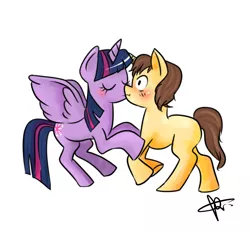 Size: 793x737 | Tagged: safe, artist:celesterui, derpibooru import, twilight sparkle, twilight sparkle (alicorn), alicorn, pony, blushing, crossover, crossover shipping, kissing, male, peter parker, shipping, simple background, spider-man, spidertwi, straight, surprise kiss, surprised, white background