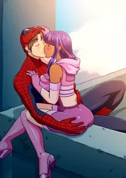 Size: 2480x3507 | Tagged: amethyst sorceress, artist:kirael-art, blushing, breasts, busty twilight sparkle, crossover, crossover shipping, cuddling, derpibooru import, female, grope, human, humanized, kissing, male, mask, peter parker, rooftop, shipping, snuggling, spider-man, spiders and magic: rise of spider-mane, spidertwi, straight, suggestive, twilight sparkle