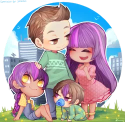 Size: 905x883 | Tagged: ankle bracelet, artist:kitsuneanii, barefoot, binky, blushing, brother and sister, chibi, city, clothes, crossover, crossover shipping, cute, daughter, derpibooru import, dress, family, father and daughter, father and son, feet, grass, hand on head, happy, human, humanized, humanized oc, jewelry, male, married couple, mother and daughter, mother and son, oc, oc:ben parker sparkle, oc:mayday parker sparkle, offspring, pacifier, parent:peter parker, parents:spidertwi, parent:twilight sparkle, peter parker, safe, shipping, siblings, son, spider-man, spiders and magic: rise of spider-mane, spidertwi, straight, sundress, twilight sparkle