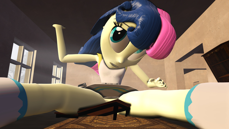 Size: 3020x1698 | Tagged: suggestive, artist:shrunkenlover, derpibooru import, bon bon, sweetie drops, equestria girls, 3d, big bon, bottomless, clothes, dress, giantess, growth, indoors, looking up, macro, no panties, solo, source filmmaker, strategically covered, table, upskirt denied