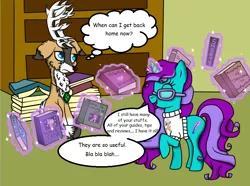 Size: 870x646 | Tagged: artist:purpleloverpony, book, bookshelf, clothes, contest entry, derpibooru import, dialogue, eyes closed, glasses, magic, non-pony oc, oc, oc:amethyst quill, oc:tyandaga, open mouth, raised hoof, safe, sitting, speech bubble, sweater, unofficial characters only