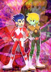 Size: 1600x2263 | Tagged: safe, artist:jucamovi1992, derpibooru import, flash sentry, oc, oc:speed wave, human, equestria girls, clothes, cosplay, costume, crossover, green ranger, kyouryuu sentai zyuranger, male, mighty morphin power rangers, power rangers, red ranger, super sentai, tommy oliver (power rangers)