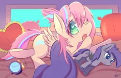 Size: 1190x770 | Tagged: safe, artist:kawaiipony2, derpibooru import, oc, oc:sweet skies, oc:violet rose, unofficial characters only, bat pony, pegasus, pony, alarm clock, bed, blanket, clock, commission, cute, female, looking at you, mare, ocbetes, one eye closed, pillow, plushie, prone, solo, underhoof, waking up, yawn, ych result