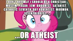 Size: 610x343 | Tagged: safe, derpibooru import, pinkie pie, earth pony, pony, atheism, buddhism, catholicism, catholics are a type of christian, christianity, drama bait, endless quoting, image macro, islam, judaism, meme, mormonism, pagan, religion, satanism, scientology, solo, the ride never ends, we need to go deeper