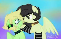 Size: 3300x2097 | Tagged: safe, artist:raspberrystudios, derpibooru import, oc, oc:robiin, unofficial characters only, pegasus, pony, bell, bell collar, clothes, collar, female, lesbian, lifting chin, love, oc x oc, peridot (steven universe), romance, shipping, socks, steven universe, striped socks