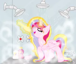 Size: 4138x3484 | Tagged: safe, artist:raspberrystudios, derpibooru import, oc, oc:aurelia charm, unofficial characters only, alicorn, pony, absurd resolution, alicorn oc, eyes closed, magic, magic aura, shower, singing, singing in the shower, solo, steam, wet