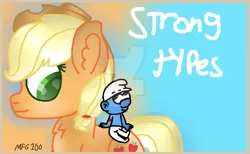 Size: 1023x629 | Tagged: applejack, artist:mixelfangirl100, crossover, derpibooru import, hefty smurf, safe, smurfs, strong hopes, the smurfs