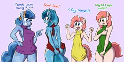 Size: 2142x1080 | Tagged: anthro, armpits, artist:whatsapokemon, backless, breasts, clothes, crystal pony, derpibooru import, dialogue, female, gradient background, hand on hip, looking back, oc, oc:coral, oc:heart song, oc:historia, oc:orca, one eye closed, open-back sweater, open mouth, pointing, sideboob, simple background, sleeveless sweater, smiling, suggestive, sweater, unofficial characters only, virgin killer sweater, wide hips, wink