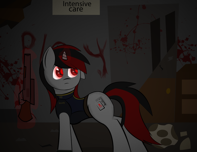 Size: 3300x2550 | Tagged: semi-grimdark, artist:skyflys, derpibooru import, oc, oc:blackjack, unofficial characters only, pony, unicorn, fallout equestria, fallout equestria: project horizons, blood, female, glowing eyes, gun, levitation, magic, mare, security, solo, telekinesis, weapon