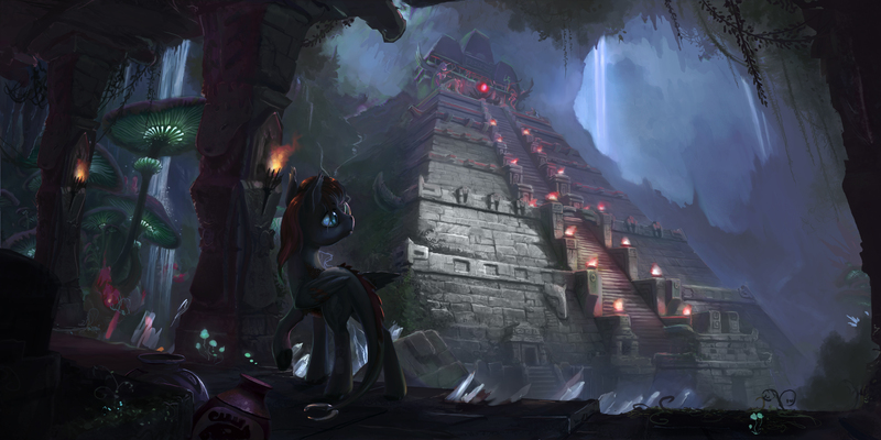 Size: 4900x2451 | Tagged: absurd resolution, artist:devinian, cave, derpibooru import, dracony, giant mushroom, hybrid, mayan, mushroom, oc, oc:funeral dirge, original species, pyramid, safe, scenery, scenery porn, solo, technical advanced, underworld, unofficial characters only