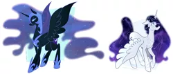 Size: 1718x734 | Tagged: safe, artist:egophiliac, derpibooru import, nightmare moon, princess luna, alicorn, pony, abstract background, dark side, duality, ethereal mane, light side, nicemare moon, raised hoof, sparkles, split personality, spread wings