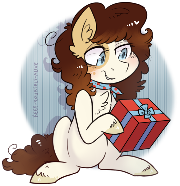 Size: 901x934 | Tagged: safe, artist:kyaokay, derpibooru import, oc, oc:charlie, unofficial characters only, earth pony, pony, chest fluff, female, hoof hold, looking at something, mare, neckerchief, present, simple background, sitting, smiling, solo, transparent background
