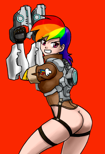 Size: 2000x2933 | Tagged: artist:ixalon, artist:johnjoseco, ass, bottomless, clothes, colored, color edit, derpibooru import, edit, female, human, humanized, no panties, nudity, overwatch, partial nudity, questionable, rainbow dash, rainbow tracer, rainbutt dash, red background, simple background, solo, solo female, tracer