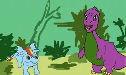 Size: 1000x600 | Tagged: barney, barneyfag, crossover, derpibooru import, dingo pictures, dinosaur, dinosaur adventure, don bluth, lmao, meme, oc, oro (dingo pictures), parody, peek (dingo pictures), rainbow dash, safe, stylistic suck, the land before time, yee