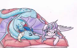 Size: 1024x645 | Tagged: suggestive, artist:nomearts, derpibooru import, princess ember, princess flurry heart, alicorn, dragon, pony, cuddling, dragoness, emberheart, eyes closed, female, lesbian, mare, morning after, older, shipping, snuggling, traditional art