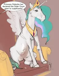 Size: 1280x1656 | Tagged: artist:silfoe, derpibooru import, dialogue, fake horn, fake wings, hoers, horse, oc, oc:horace octavius reginald sorrel edward, offscreen character, paint on fur, princess celestia, princess celestia is a horse, royal sketchbook, safe, sitting, solo, speech bubble, throne, unofficial characters only