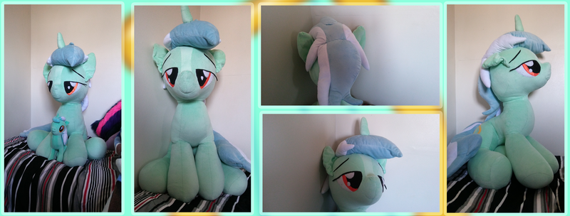 Size: 7000x2662 | Tagged: absurd resolution, artist:joltage, bed, bedroom eyes, derpibooru import, irl, life size, lyra heartstrings, photo, plushie, safe