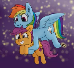 Size: 1280x1168 | Tagged: safe, artist:pabbley, color edit, derpibooru import, edit, rainbow dash, scootaloo, carrying, colored, cute, cutealoo, cutie mark, dashabetes, flying, grin, night, scootalove, smiling, stars, the cmc's cutie marks