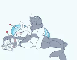 Size: 1254x976 | Tagged: safe, artist:blackblood-queen, derpibooru import, oc, oc:bubble lee, oc:mako, unofficial characters only, cat, earth pony, hybrid, orca pony, original species, pony, unicorn, blushing, couple, cuddling, cute, eyes closed, female, heart, makolee, male, mare, oc x oc, pet, shipping, simple background, sleeping, smiling, snuggling, stallion, straight, trio, zzz