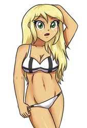 Size: 2362x3472 | Tagged: suggestive, artist:sumin6301, derpibooru import, applejack, equestria girls, belly button, bikini, breasts, busty applejack, clothes, female, freckles, looking at you, loose hair, simple background, solo, solo female, surprised, swimsuit, undressing, wet hair, white background
