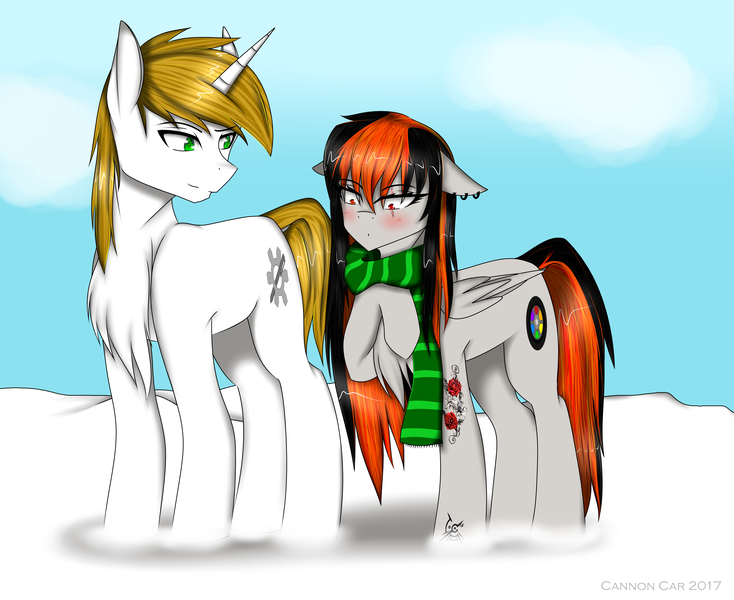 Size: 4648x3800 | Tagged: safe, artist:cannoncar, derpibooru import, oc, oc:cannon car, oc:pr, unofficial characters only, pegasus, pony, unicorn, absurd resolution, blushing, clothes, couple, female, male, mare, oc x oc, prannon, scarf, shipping, snow, stallion, straight