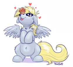 Size: 1638x1491 | Tagged: safe, artist:confetticakez, derpibooru import, derpy hooves, pegasus, pony, balancing, chest fluff, cute, derpabetes, female, floating heart, floppy ears, fluffy, food, heart, hnnng, muffin, ponies balancing stuff on their nose, pumkinroll is trying to murder us, simple background, smiling, solo, spread wings, tongue out, weapons-grade cute, white background