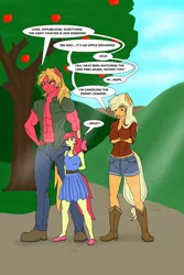 Size: 1024x1536 | Tagged: safe, artist:nwinter3, derpibooru import, apple bloom, applejack, big macintosh, anthro, abs, apple siblings, apple tree, boots, breasts, clothes, cowboy boots, daisy dukes, dress, female, jeans, male, movie reference, open clothes, pants, shirt, shoes, shorts, the lion king