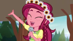 Size: 1280x720 | Tagged: safe, derpibooru import, screencap, gloriosa daisy, equestria girls, legend of everfree, cute, daisybetes, flower, happy, magical geodes, microphone, solo