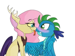 Size: 3200x2400 | Tagged: safe, artist:xxsunsetshimmer23xx, derpibooru import, oc, oc:bedlam, oc:burgeon flare, unofficial characters only, dragon, hybrid, kindverse, blushing, female, interspecies offspring, lesbian, looking at each other, offspring, offspring shipping, parent:discord, parent:fluttershy, parent:princess ember, parent:spike, parents:discoshy, parents:emberspike, shipping, simple background, tongue out, transparent background